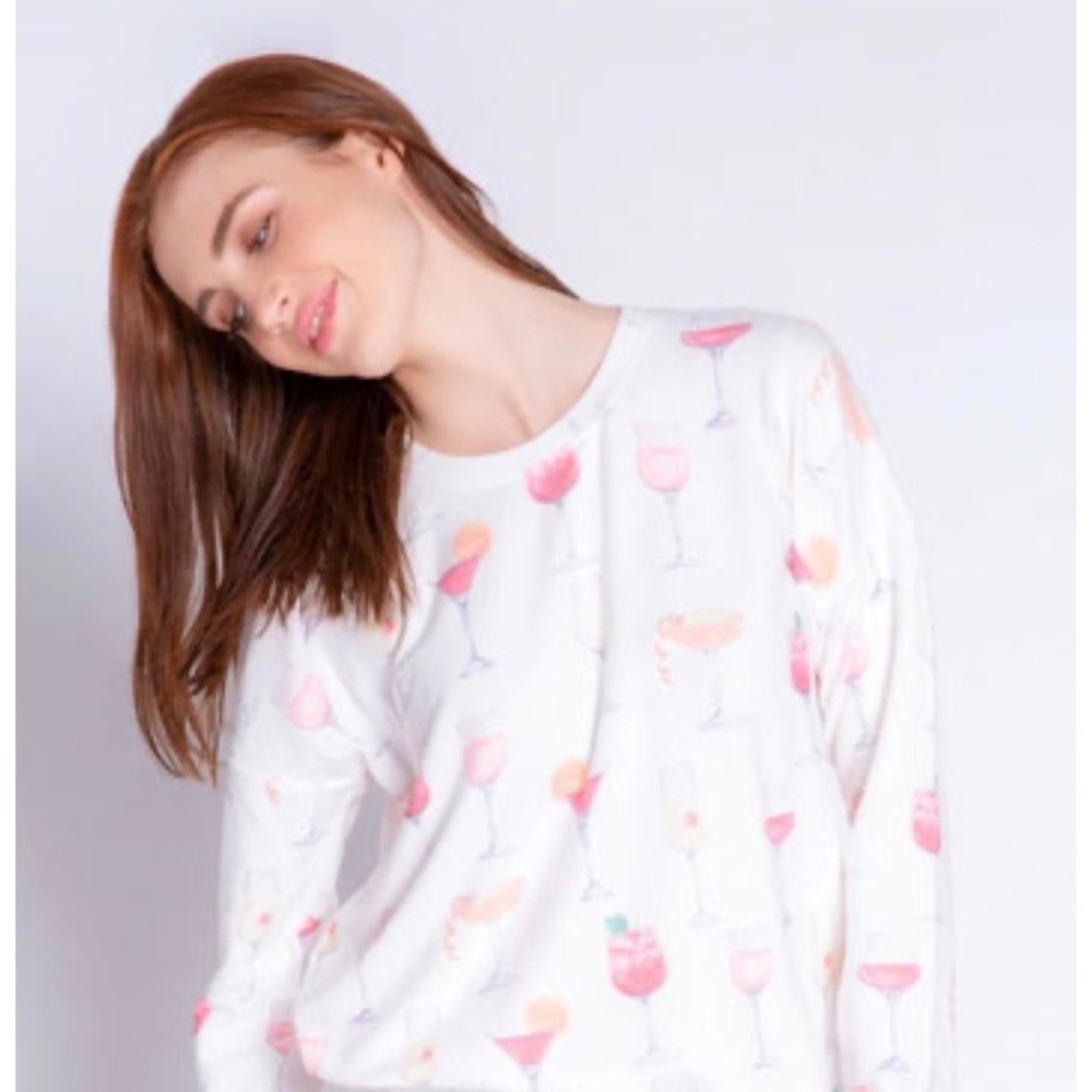 PJ Salvage Womens Pajama‎ Top White Cocktail Martini Print Long Sleeve Shirt M